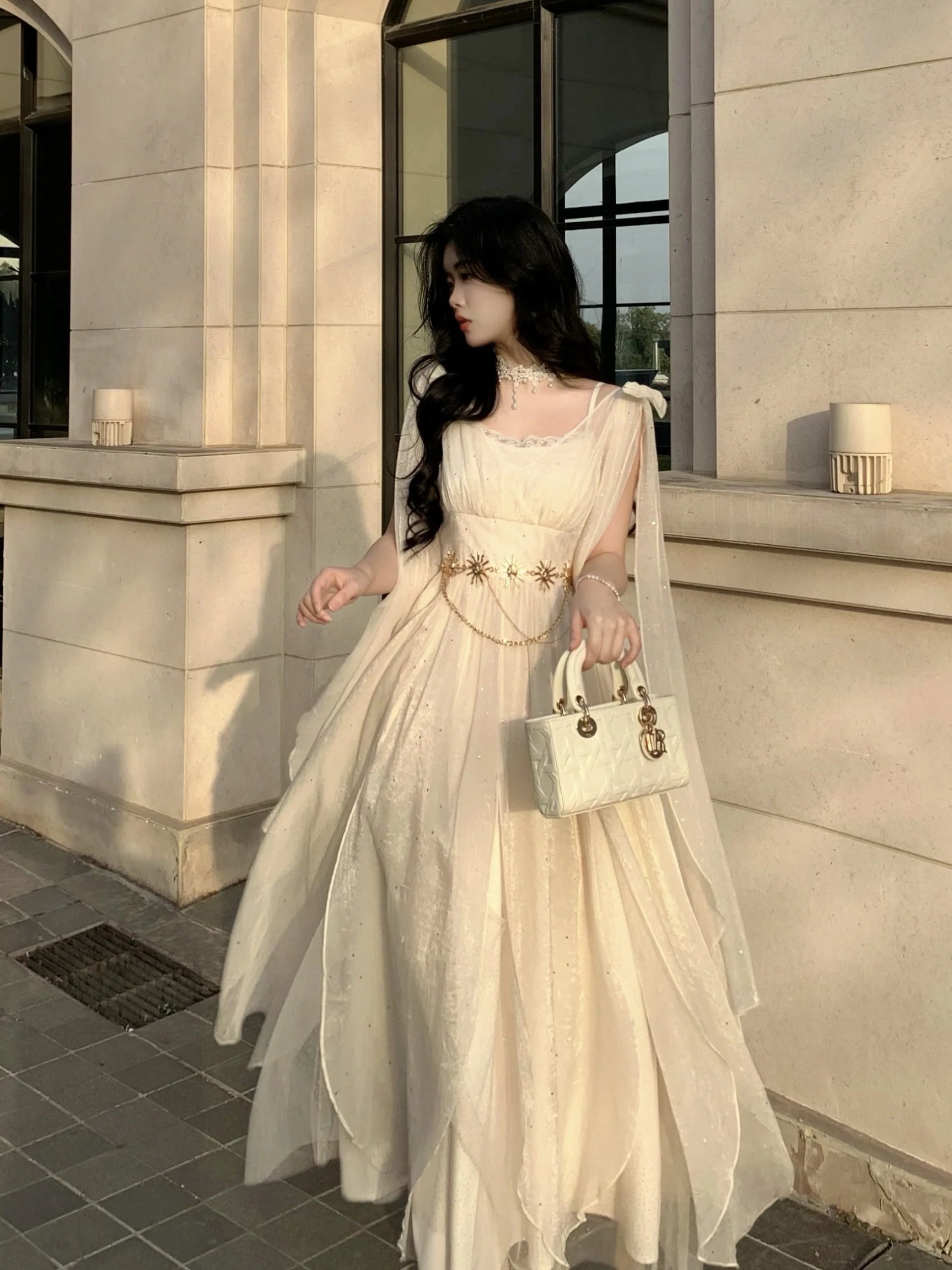 Ethereal Goddess Shimmering Silver Mesh Gown