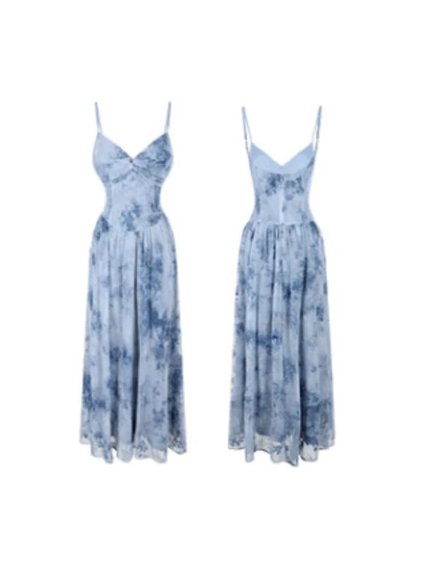 Moonlit Garden Blue Sheer Floral Dress
