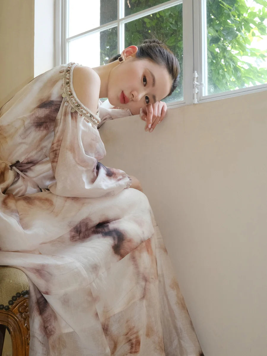 Elegant Cold-Shoulder Tie-Dye Dress