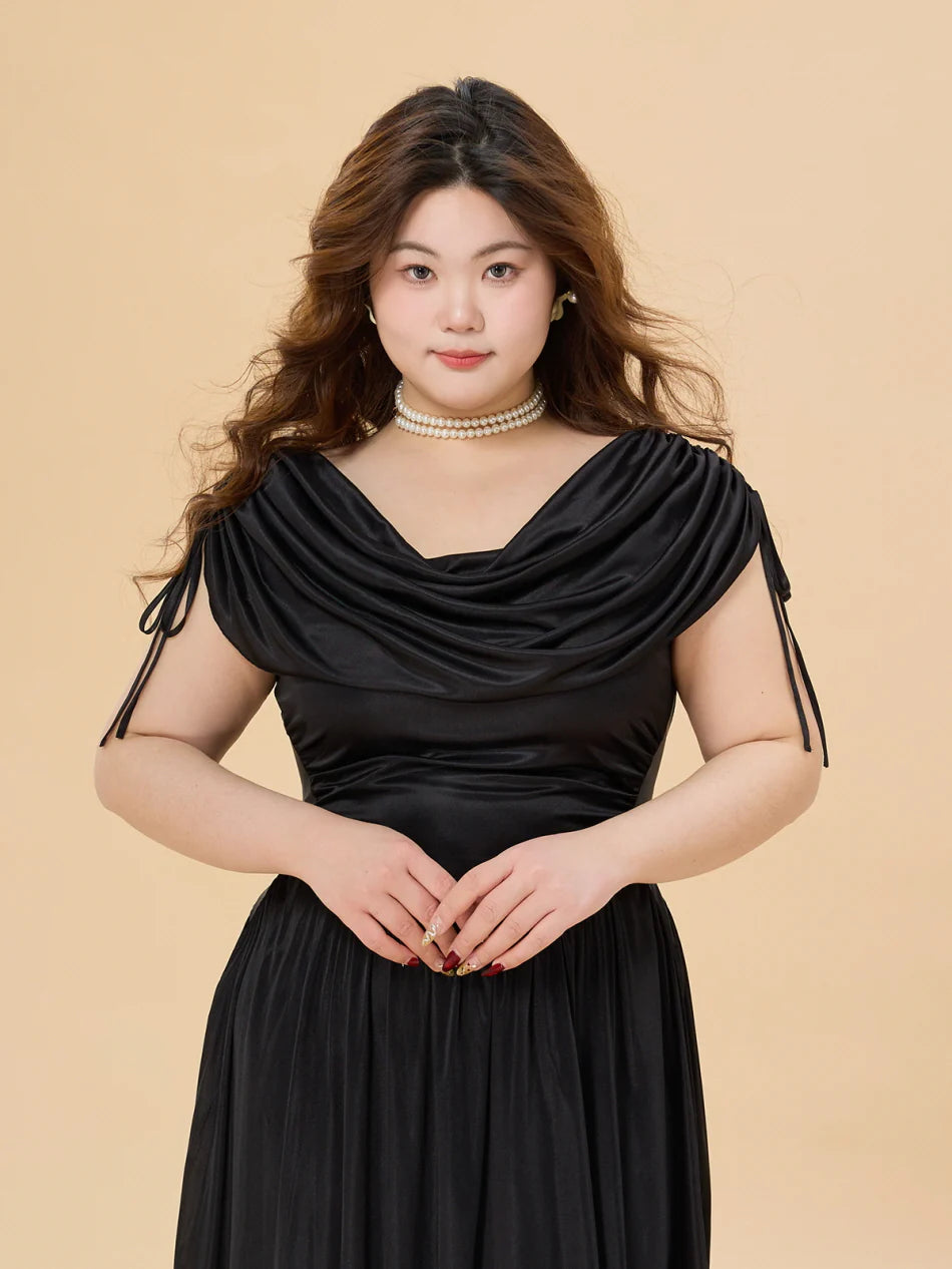 Midnight Satin Plus Size Dress with Draped Shoulders