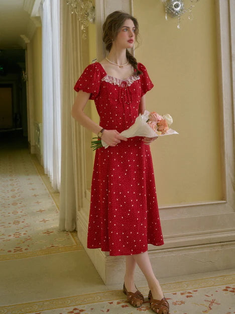 Lace Trim Retro Red Dress with Puff Sleeves