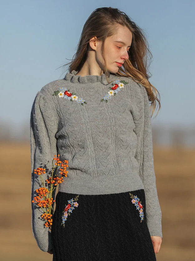 Soft Gray Floral Embroidered Sweater