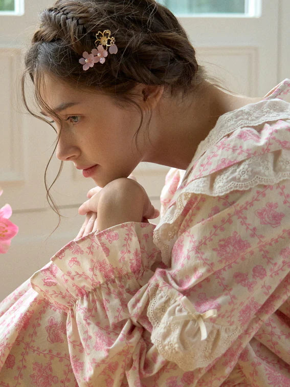 Pink Floral Lace Ruffle Loungewear Set