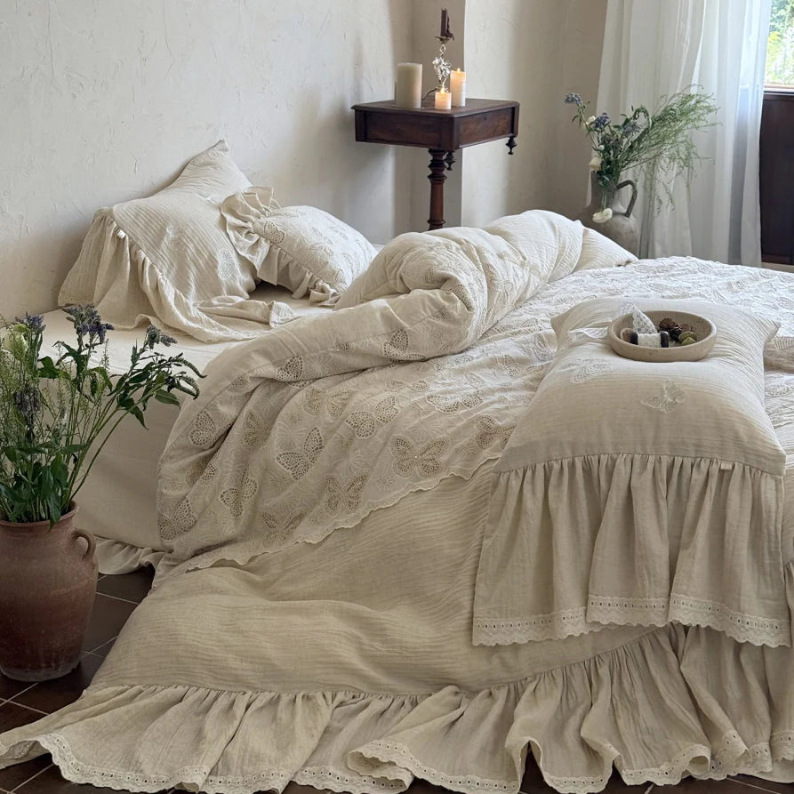 Ivory Butterfly Lace Ruffle Bedding Set