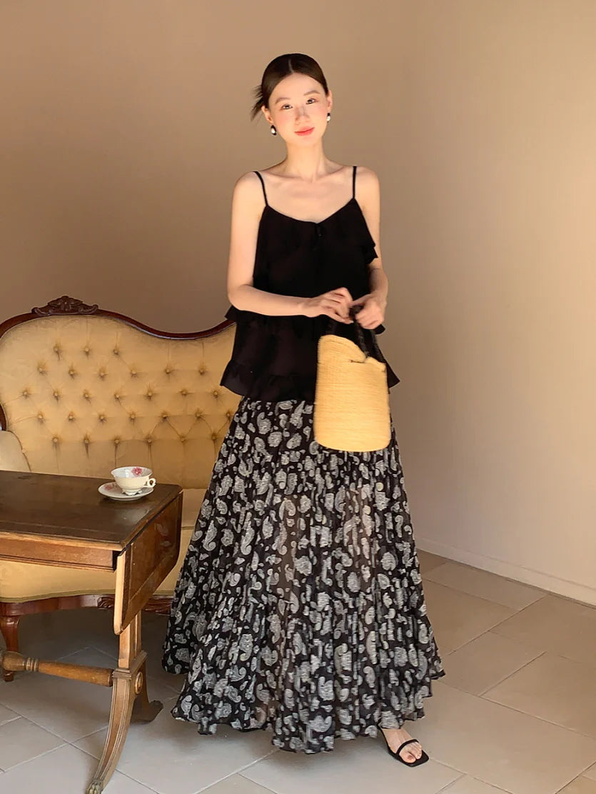 Black Ruffle Camisole & Paisley Maxi Skirt