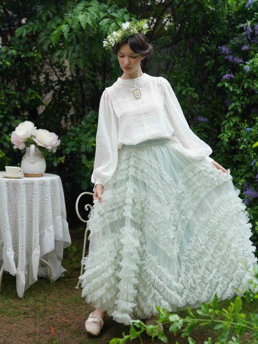 Embroidered Floral Brooch Linen Cotton Blouse