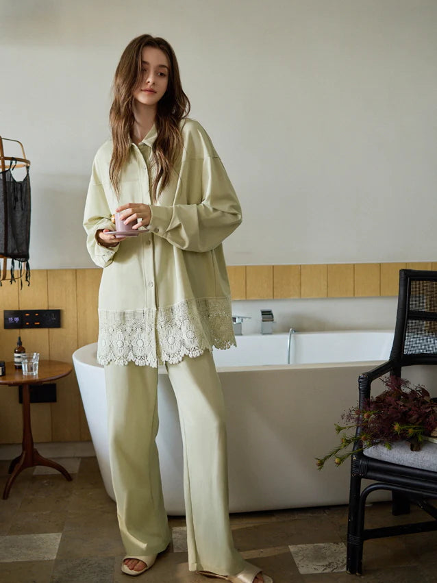 Sage Green Lace Trim Pajama Set