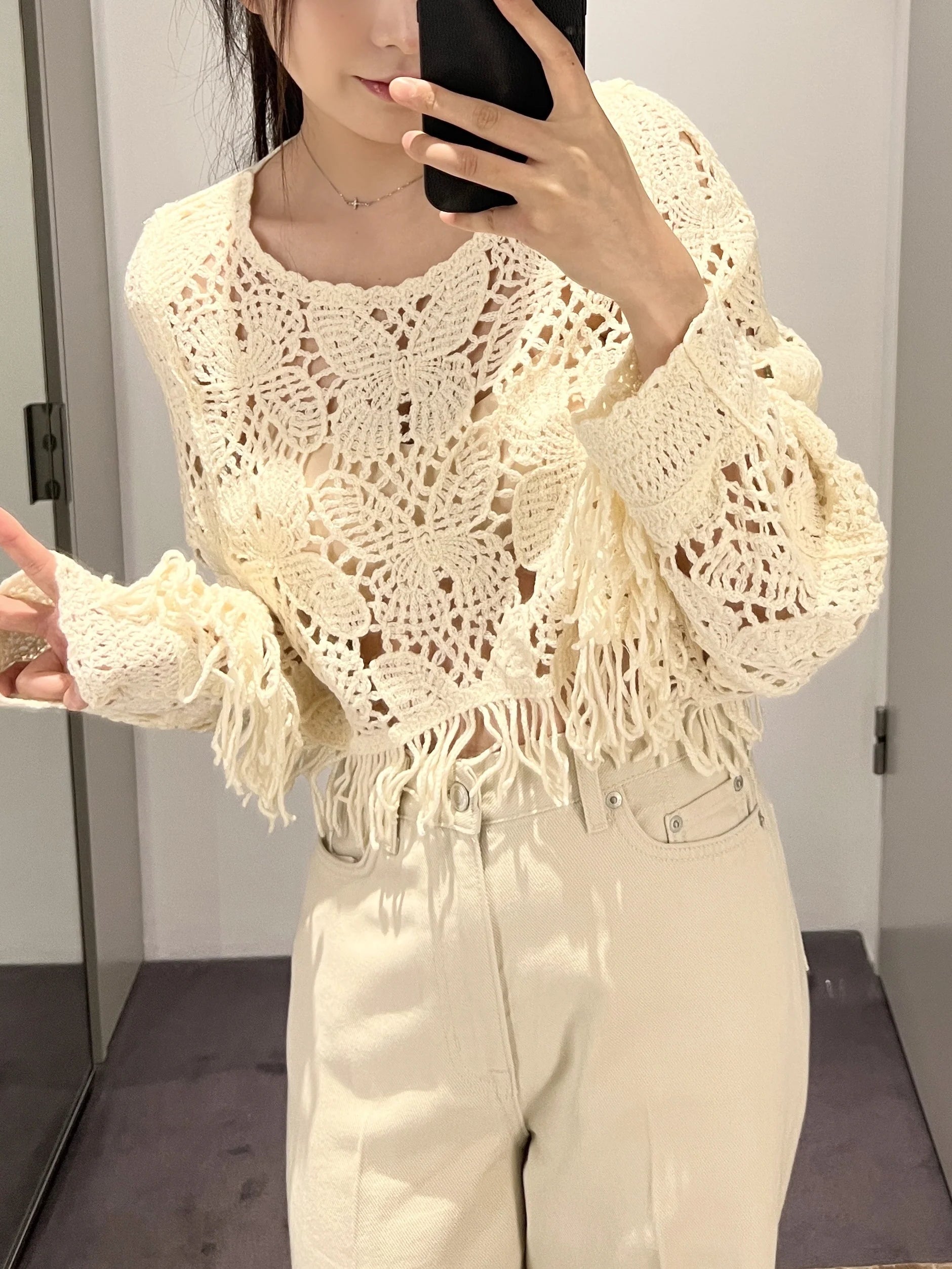 Bohemian Crochet Fringe Knit Top