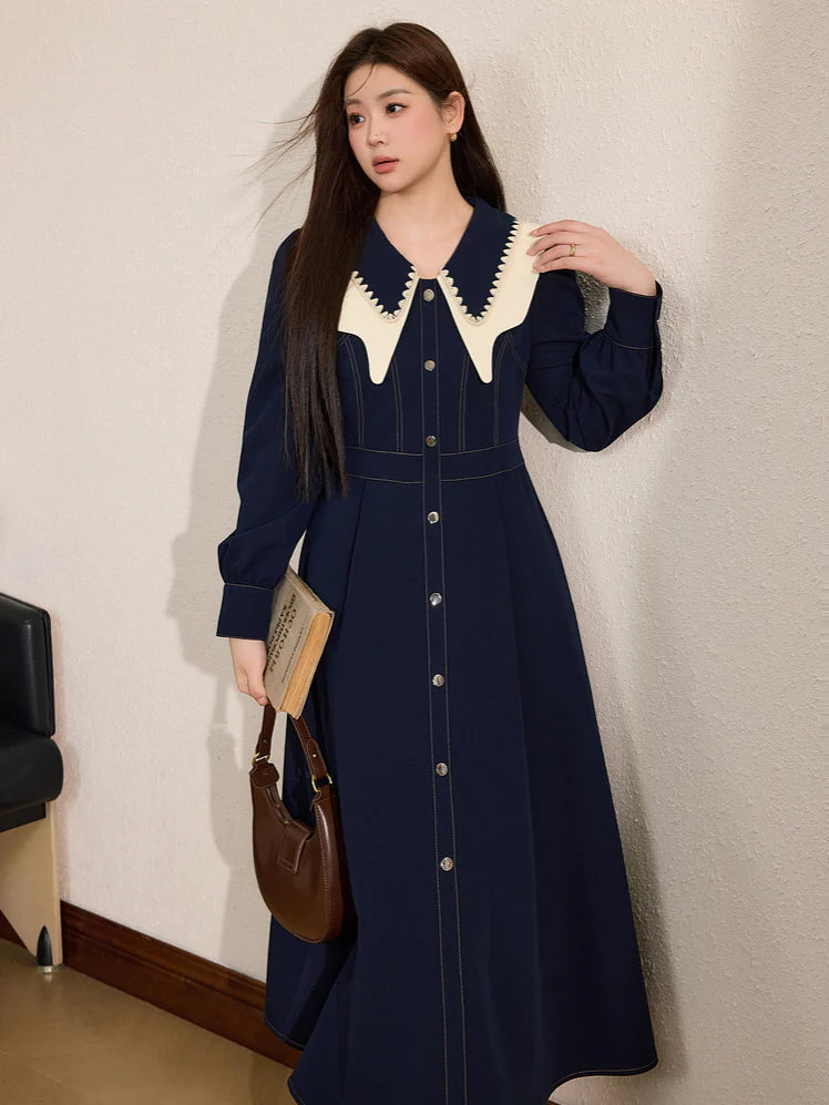 Navy Elegance Vintage Collar Dress