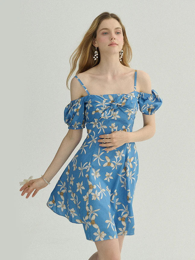Blue Floral Off-Shoulder Summer Dress