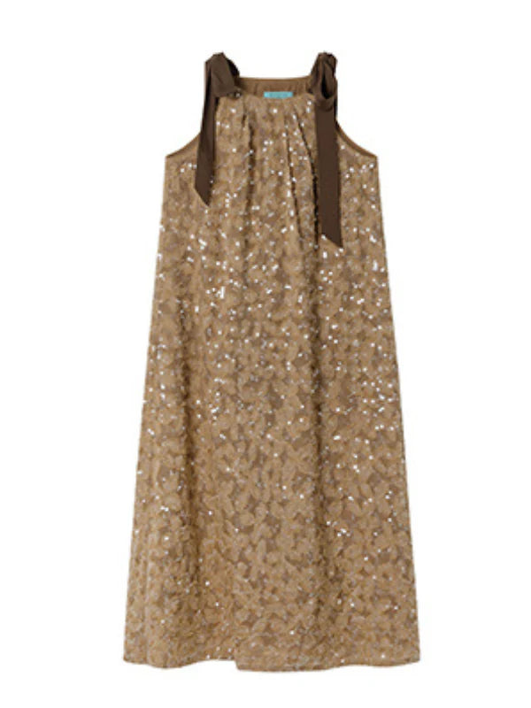 Golden Sequin Ribbon Strap Dress