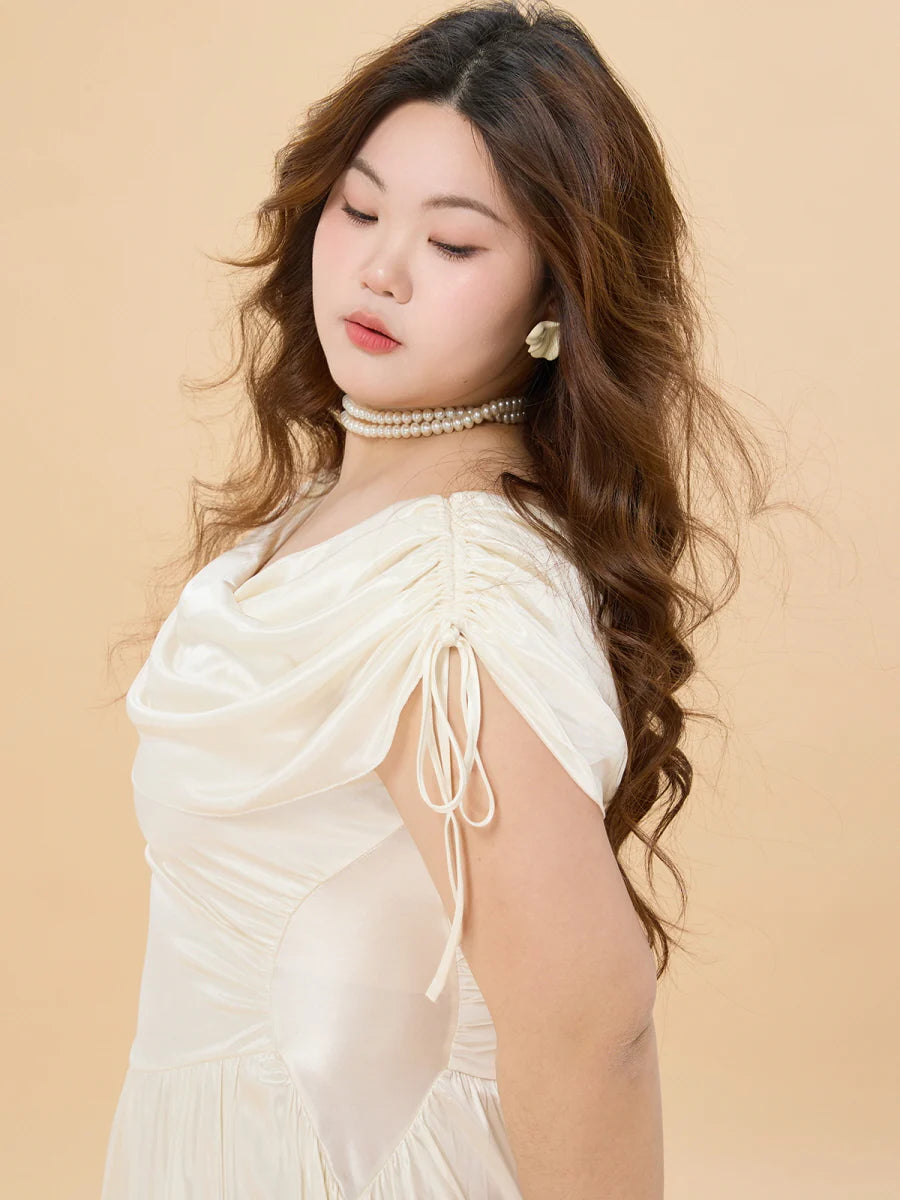 White Satin Glow Plus Size Dress with Ruched Shoulders