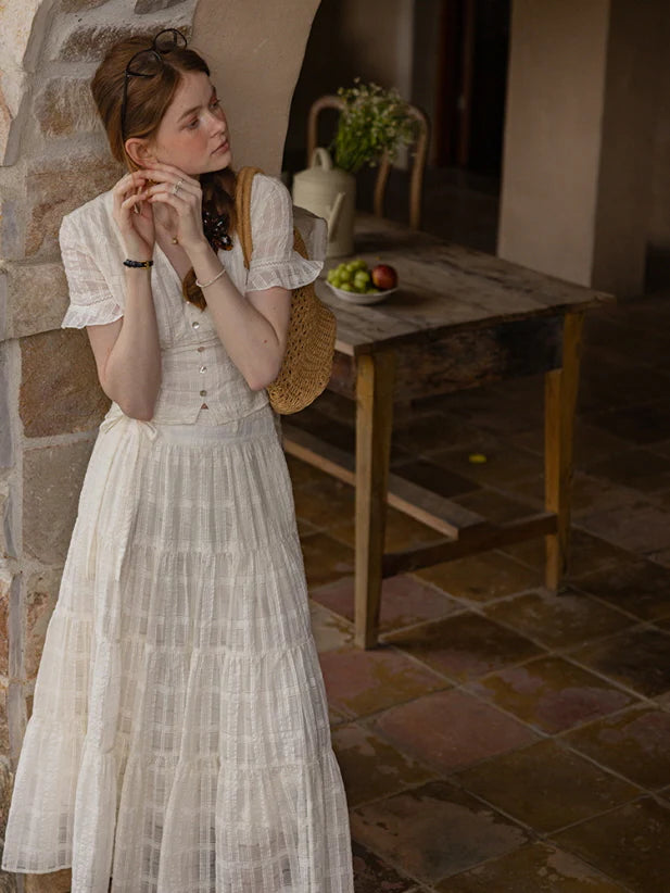 Vintage Textured Cotton Blouse & Skirt