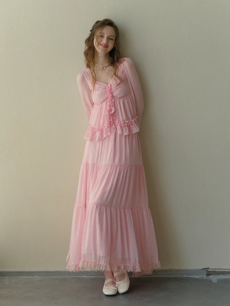 Rosy Frill Long Sleeve Top & Tiered Lace Skirt