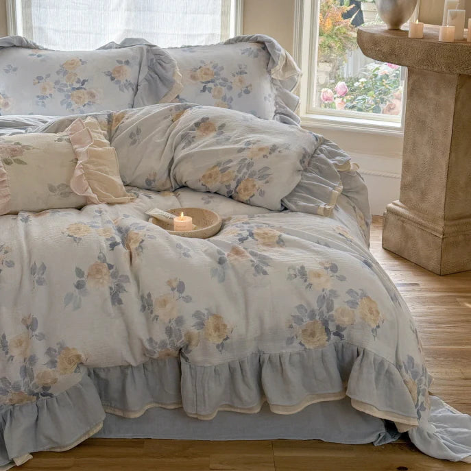 Dusty Blue Rose Print Ruffle Bedding Set