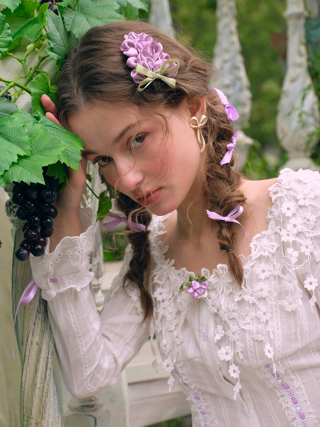 Lilac Ribbon Embroidered Lace Blouse