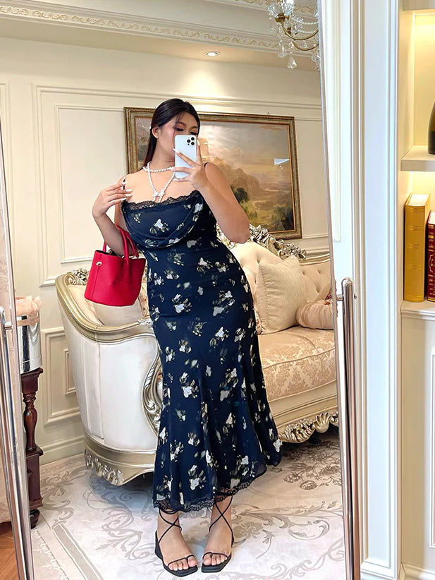 Midnight Bloom Lace Trim Floral Dress