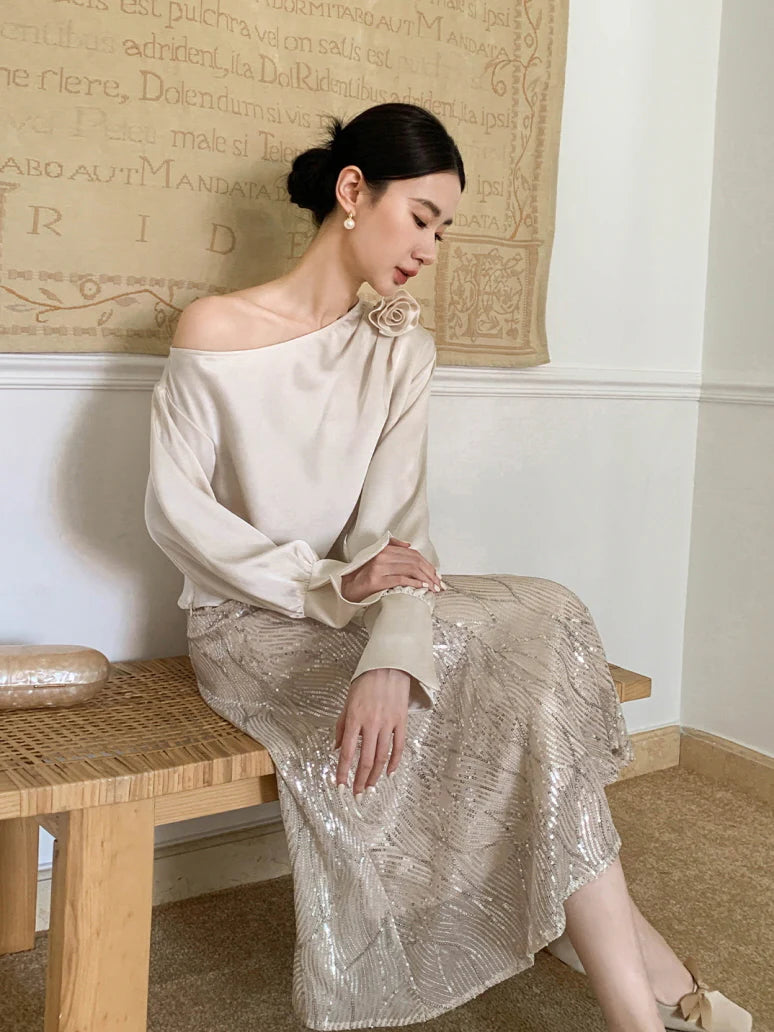 Champagne Sequin A-Line Skirt