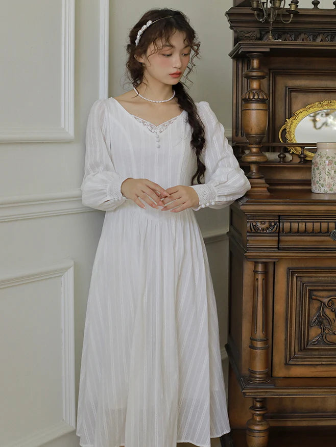 Victorian Elegance Long White Lace Dress