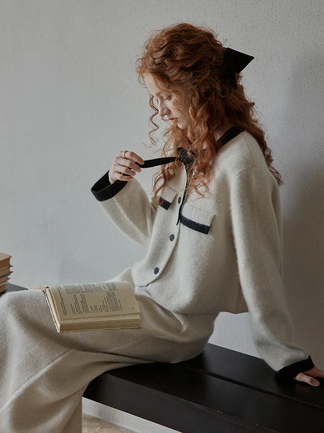 Elegant Wool Blend Ribbon Trim Knit Cardigan