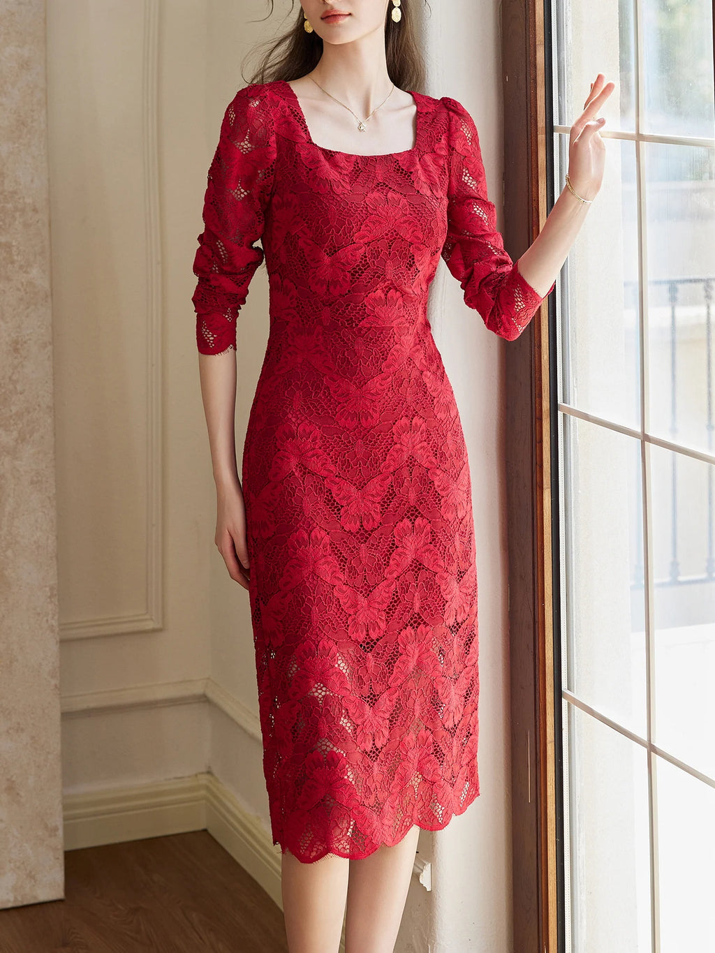 Scarlet Elegance Lace Midi Dress