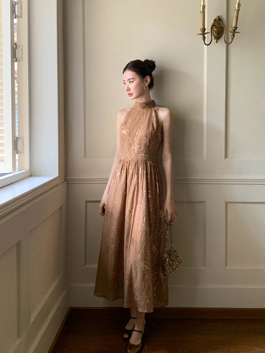 Golden Bloom Halter Dress