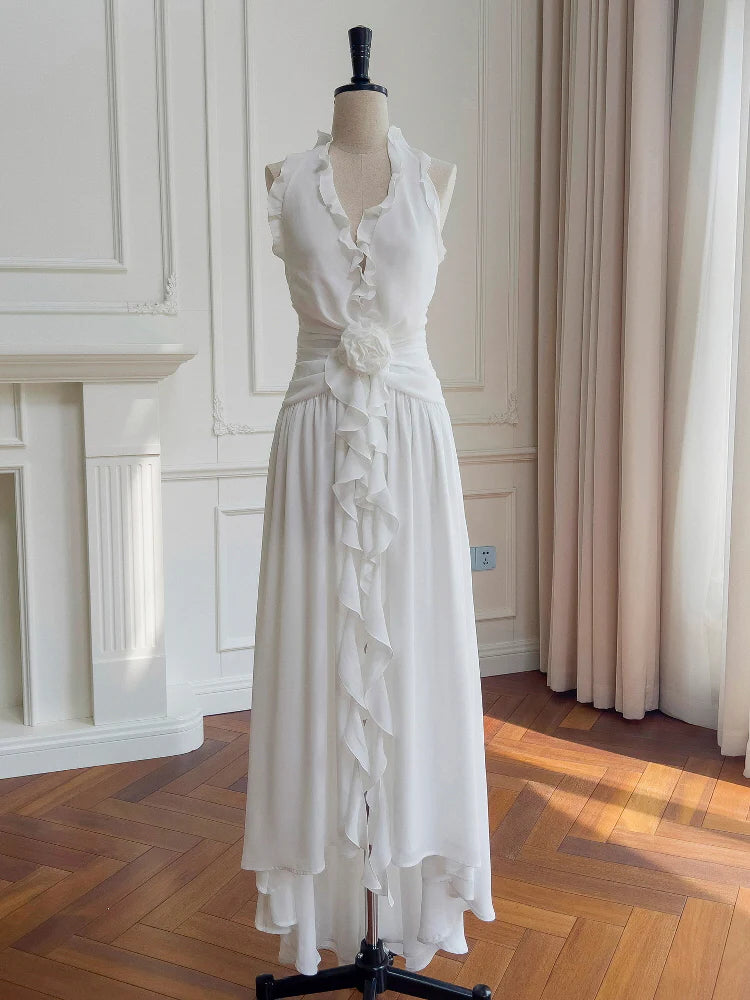 Ethereal Ruffle Rose White Dress