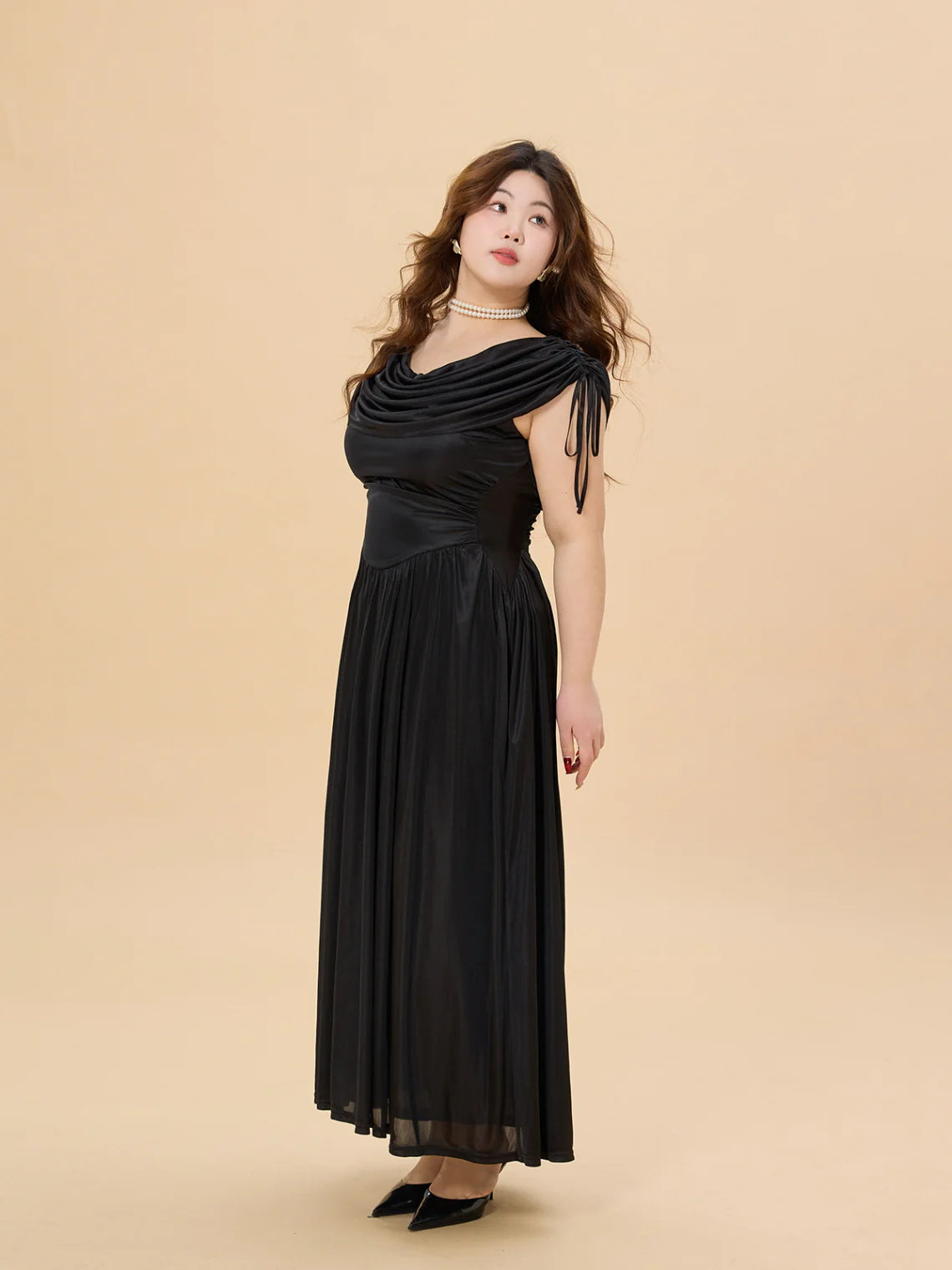 Midnight Satin Plus Size Dress with Draped Shoulders