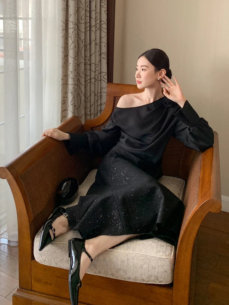 Off-Shoulder Flower Accent Blouse