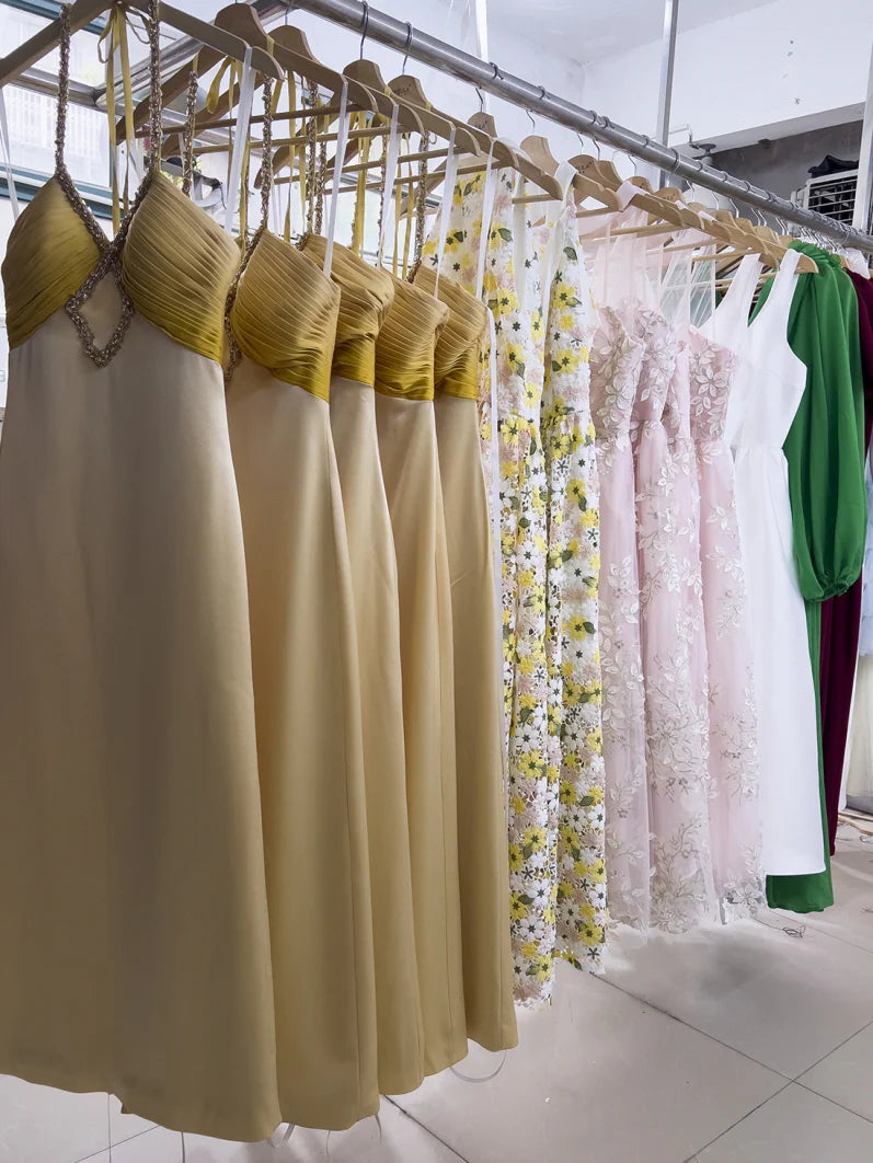 Golden Twilight Beaded Halter Dress