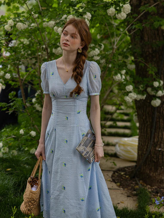 Dreamy Blue Blossom Embroidered Dress