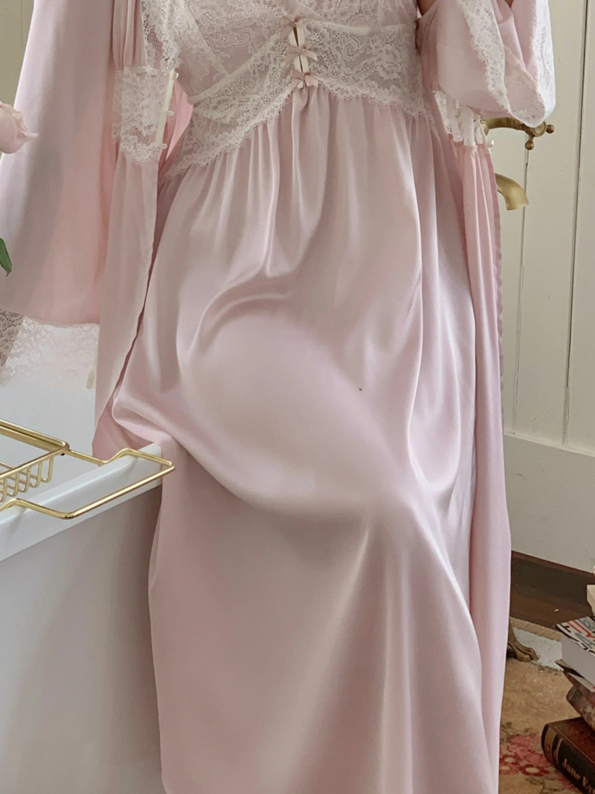 Blush Lace Trim Nightgown & Robe Set