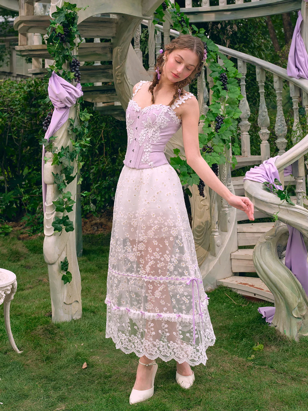 Floral Embroidered Corset & Sheer Skirt