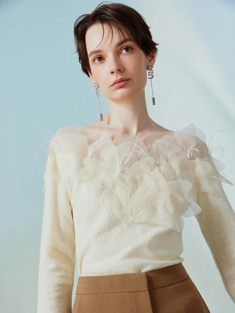 Elegant Floral Appliqué Knit Blouse