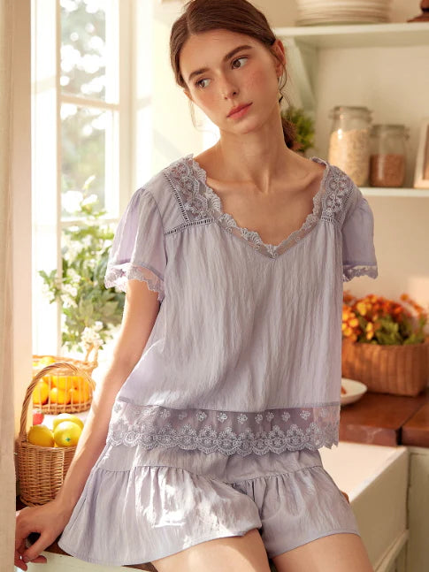 Lavender Lace Trim Two-Piece Loungewear Set