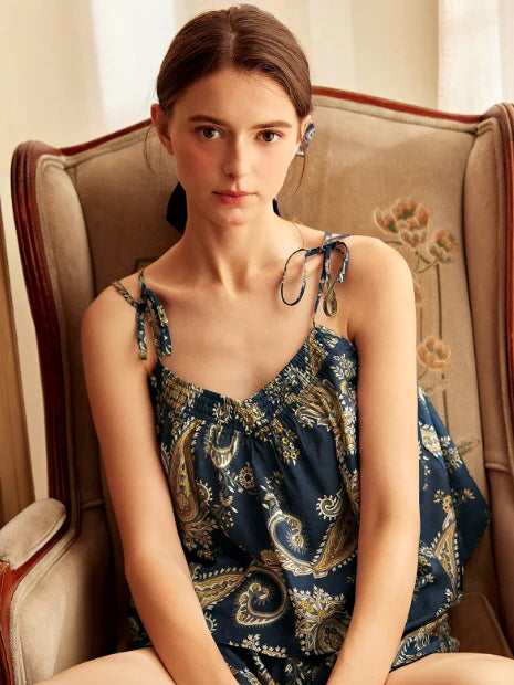 Navy Paisley Tie-Strap Loungewear Set