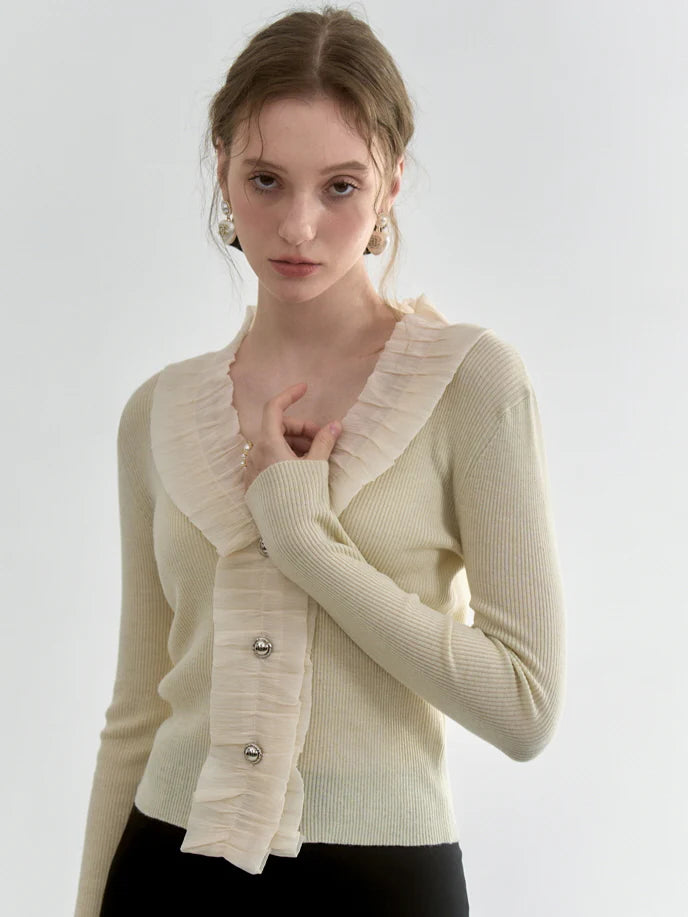 Cream Ruffle-Trim Wool-Blend Cardigan