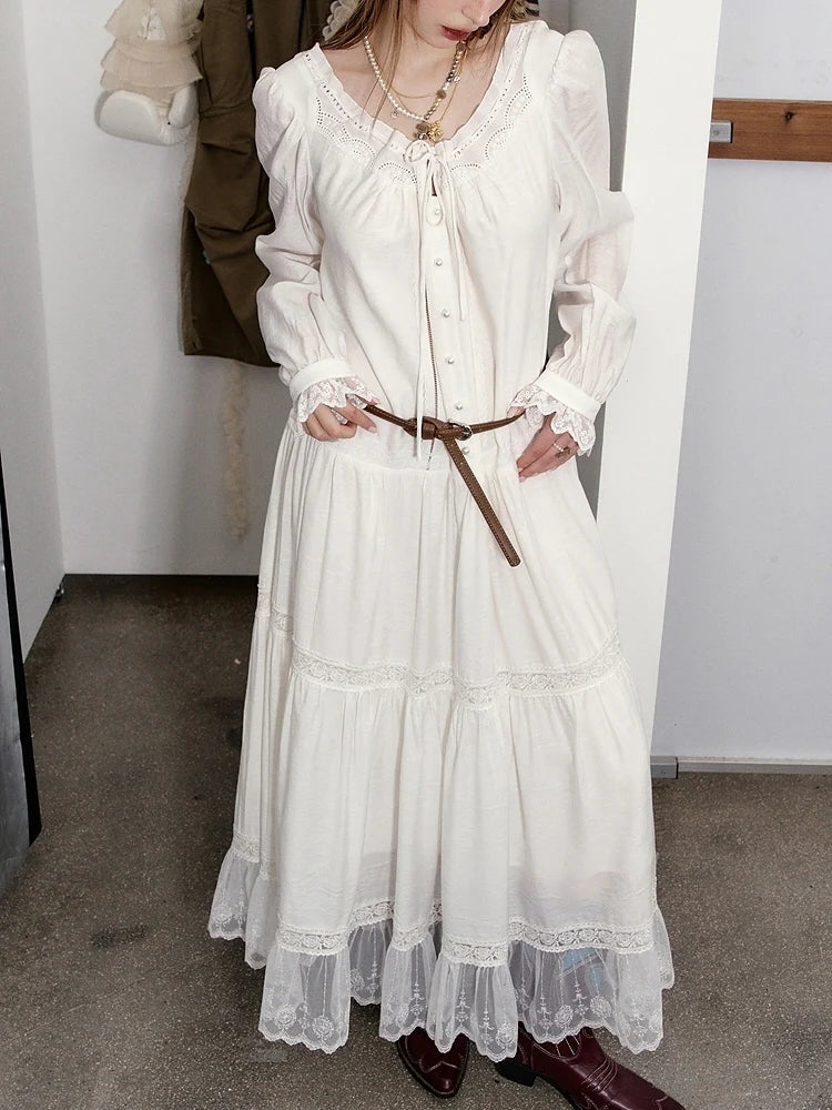 Ethereal Lace Trim Tiered Long Dress