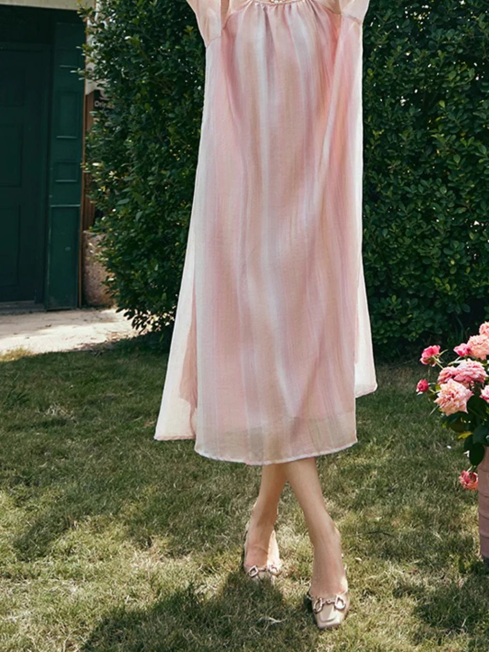 Ethereal Blush Striped Chiffon Dress