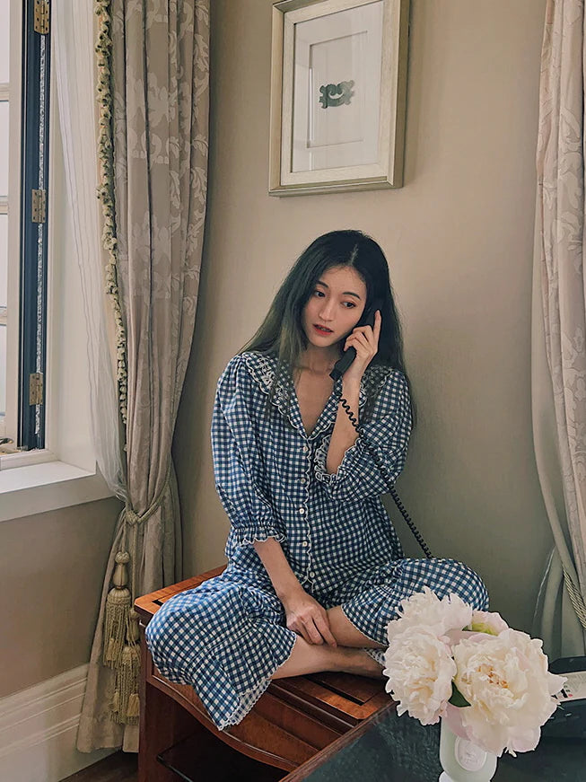 Navy Gingham Lace Collar Pajama Set