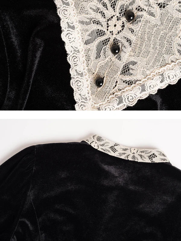 Victorian Lace Trim Black Velvet Blouse