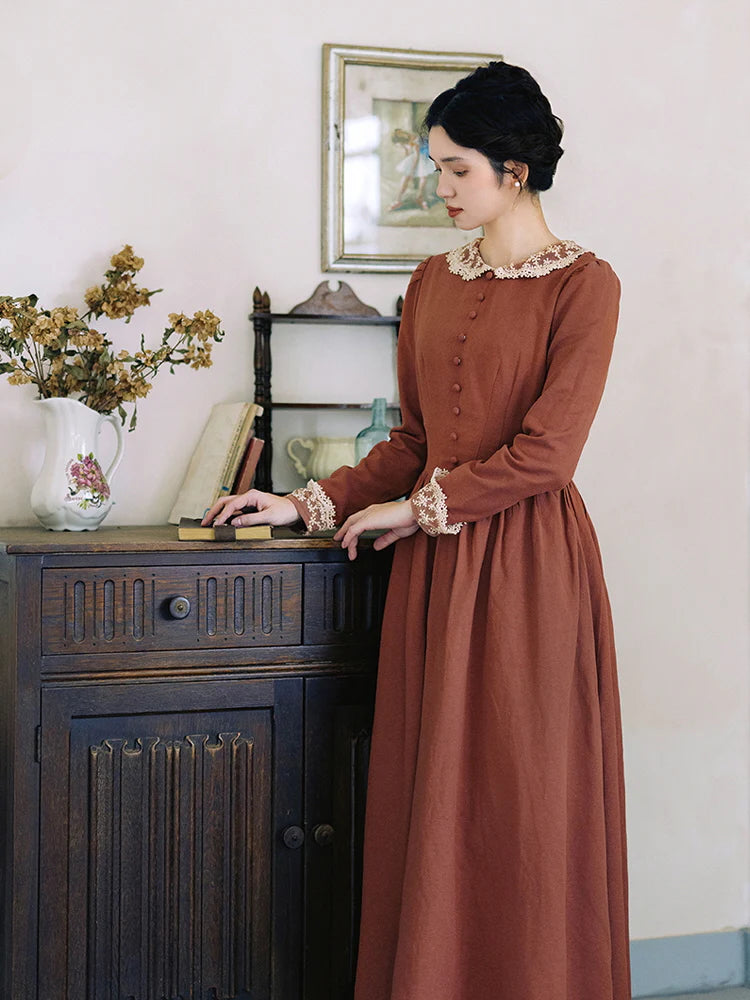Autumn Rust Vintage Lace Collar Dress