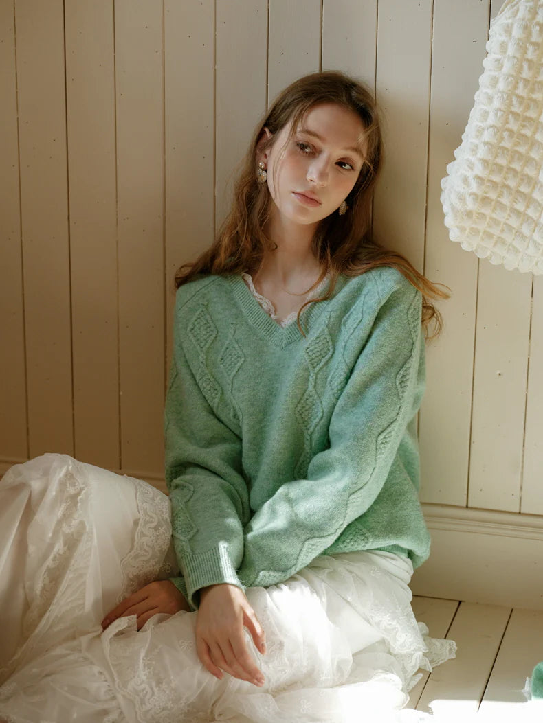 Pastel Lace-Trim Knit Sweater & Scarf