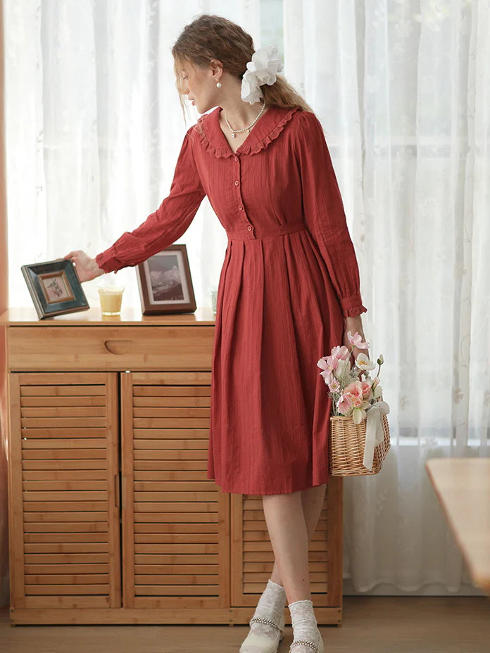 Lace-Trimmed Vintage Rust Cotton Dress