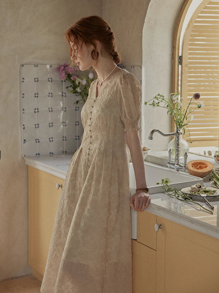 Vintage Lace Buttoned Puff Sleeve Dress