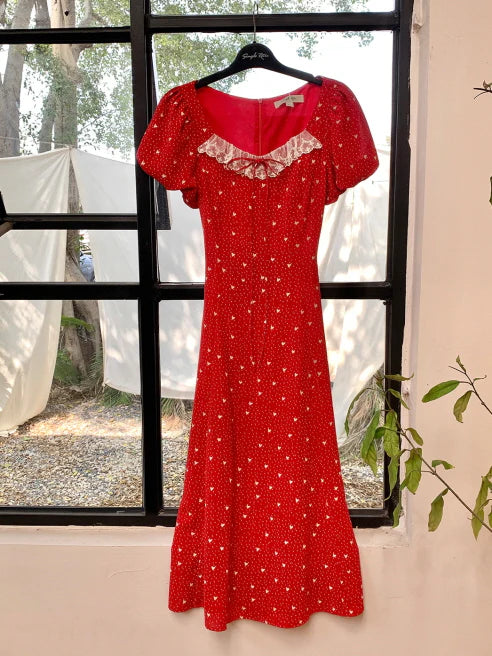 Lace Trim Retro Red Dress with Puff Sleeves