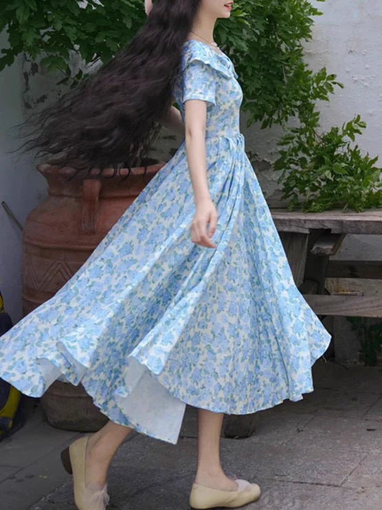 Blue Garden Bloom Vintage Dress