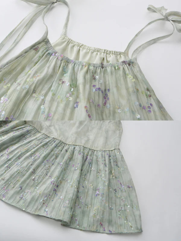 Pastel Green Floral Two-Piece Set – Sheer Cardigan & Tiered Dress