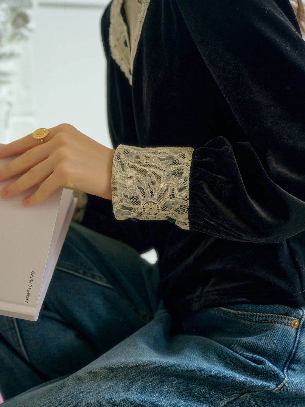 Victorian Lace Trim Black Velvet Blouse