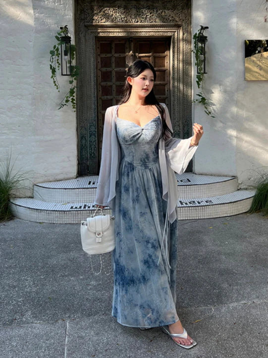 Moonlit Garden Blue Sheer Floral Dress